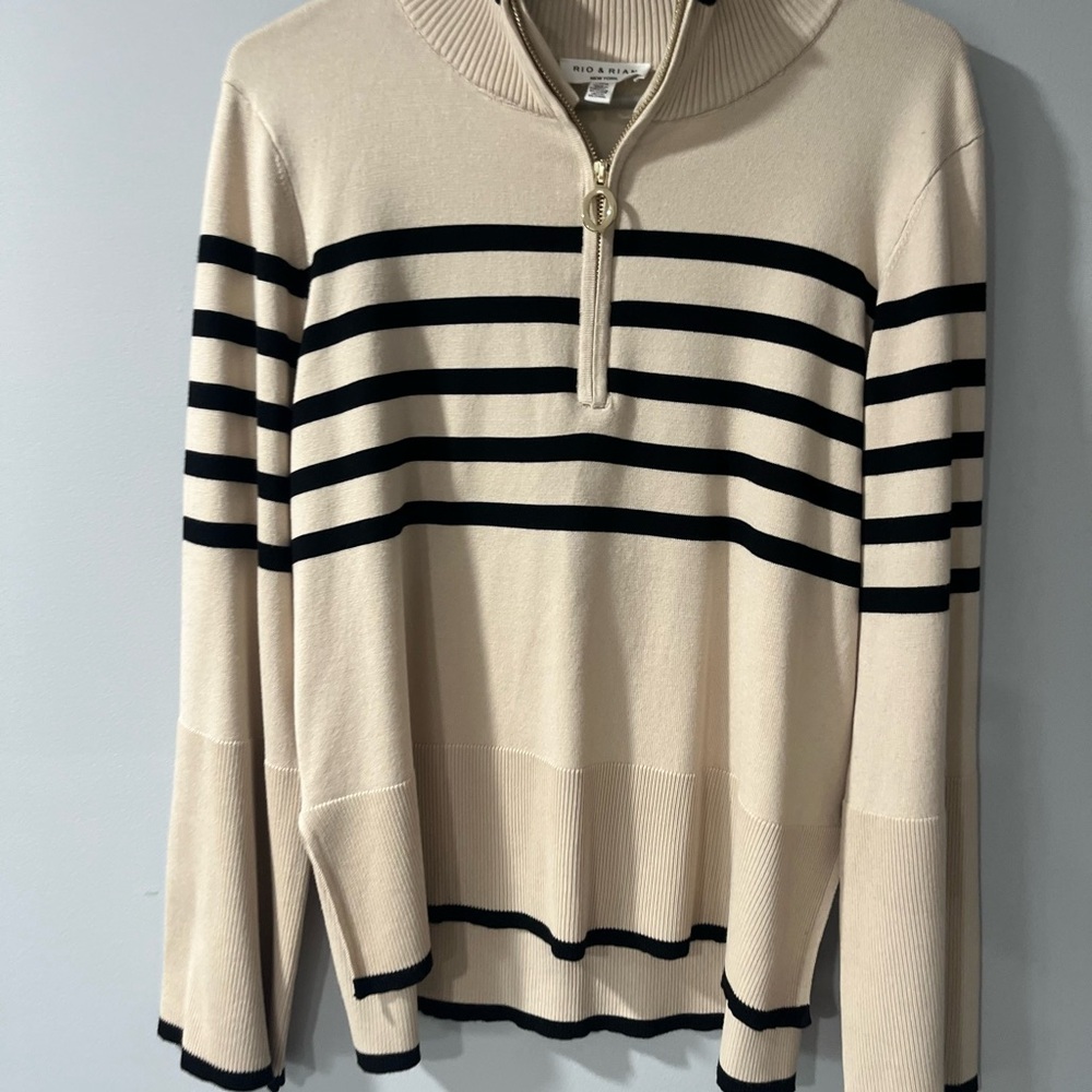 NWOT Rio & Rina Striped Half-Zip Sweater – Bell Sleeves – Size Large